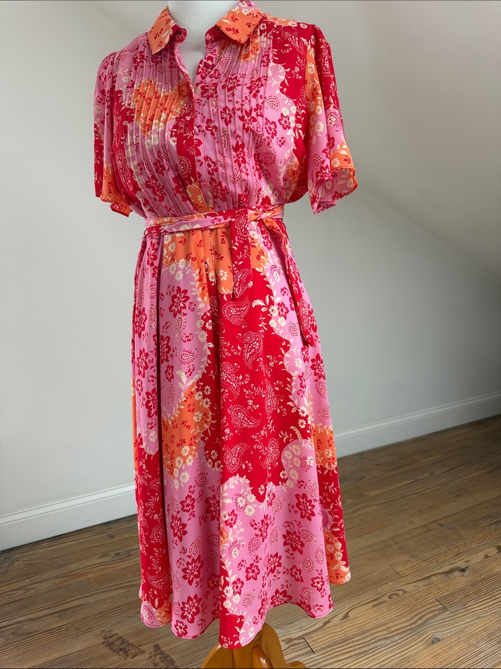 Nanette Lepore Pink, Red and Orange Floral Midi Shirt Dress